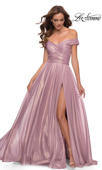 La Femme-Pink Metallic Off-the-Shoulder La Femme Prom Dress