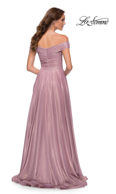 La Femme-Pink Metallic Off-the-Shoulder La Femme Prom Dress