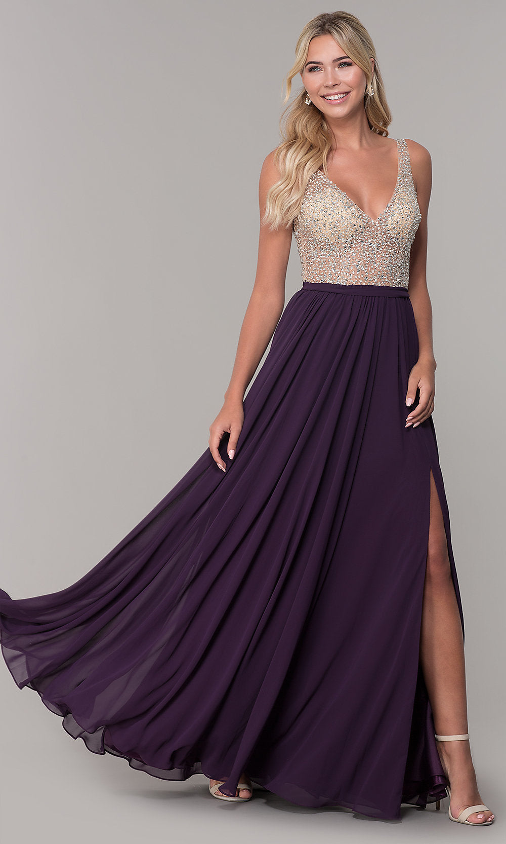 Dancing Queen-Long Illusion-Beaded-Bodice V-Neck Prom Dress