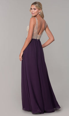 Dancing Queen-Long Illusion-Beaded-Bodice V-Neck Prom Dress