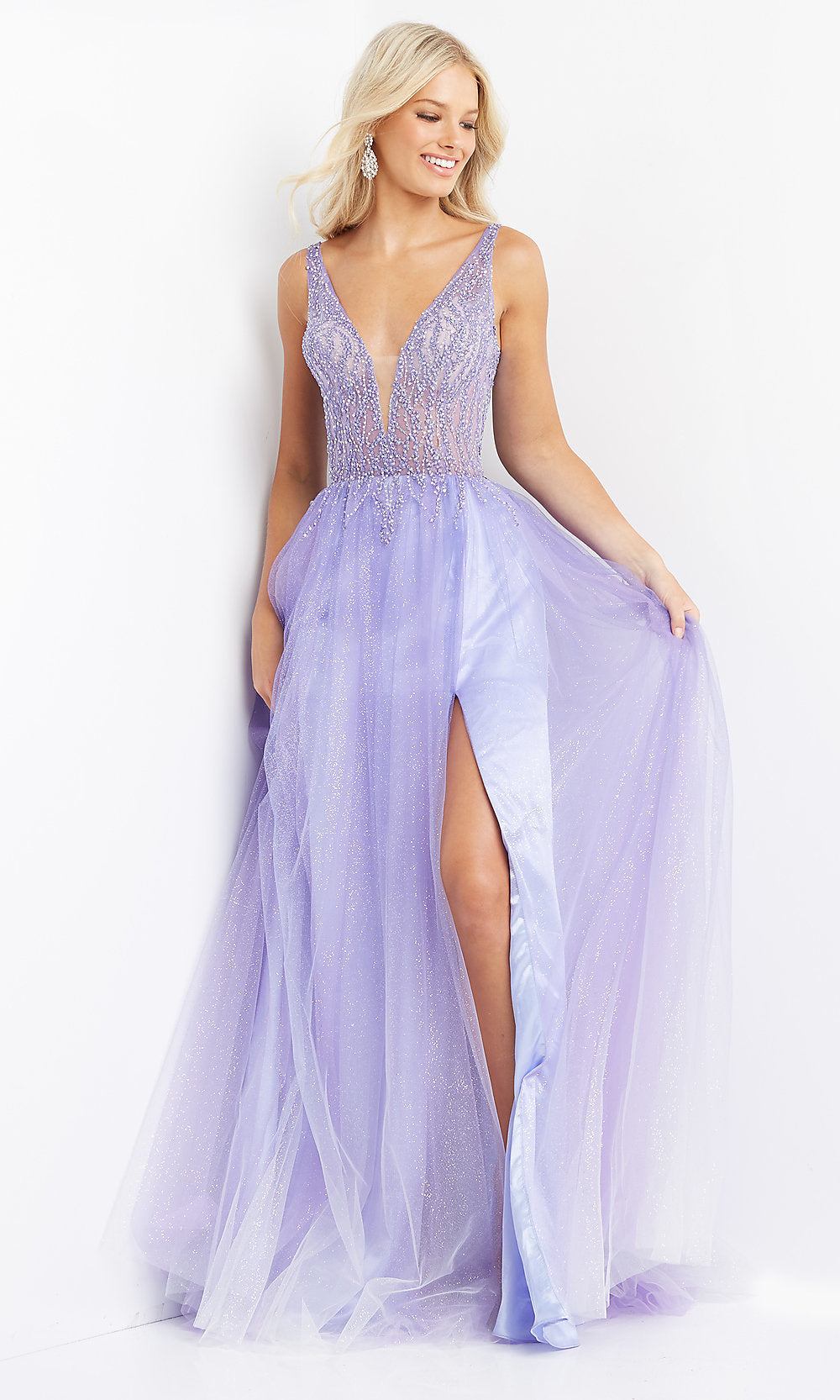 JVN by Jovani-Glitter Sheer-Bodice Long Purple Prom Ball Gown