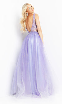 JVN by Jovani-Glitter Sheer-Bodice Long Purple Prom Ball Gown