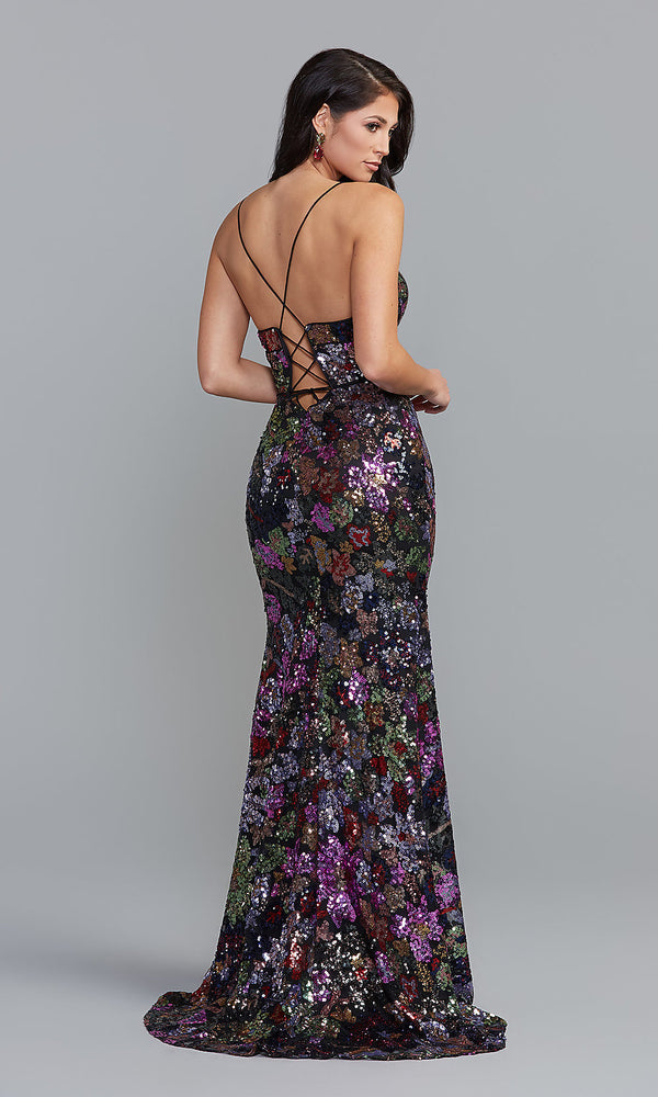 Open-Back Multicolor Sequin Long Prom Dress - PromGirl