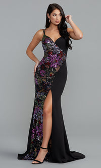 PromGirl Long Black Prom Dress with Floral Sequins
