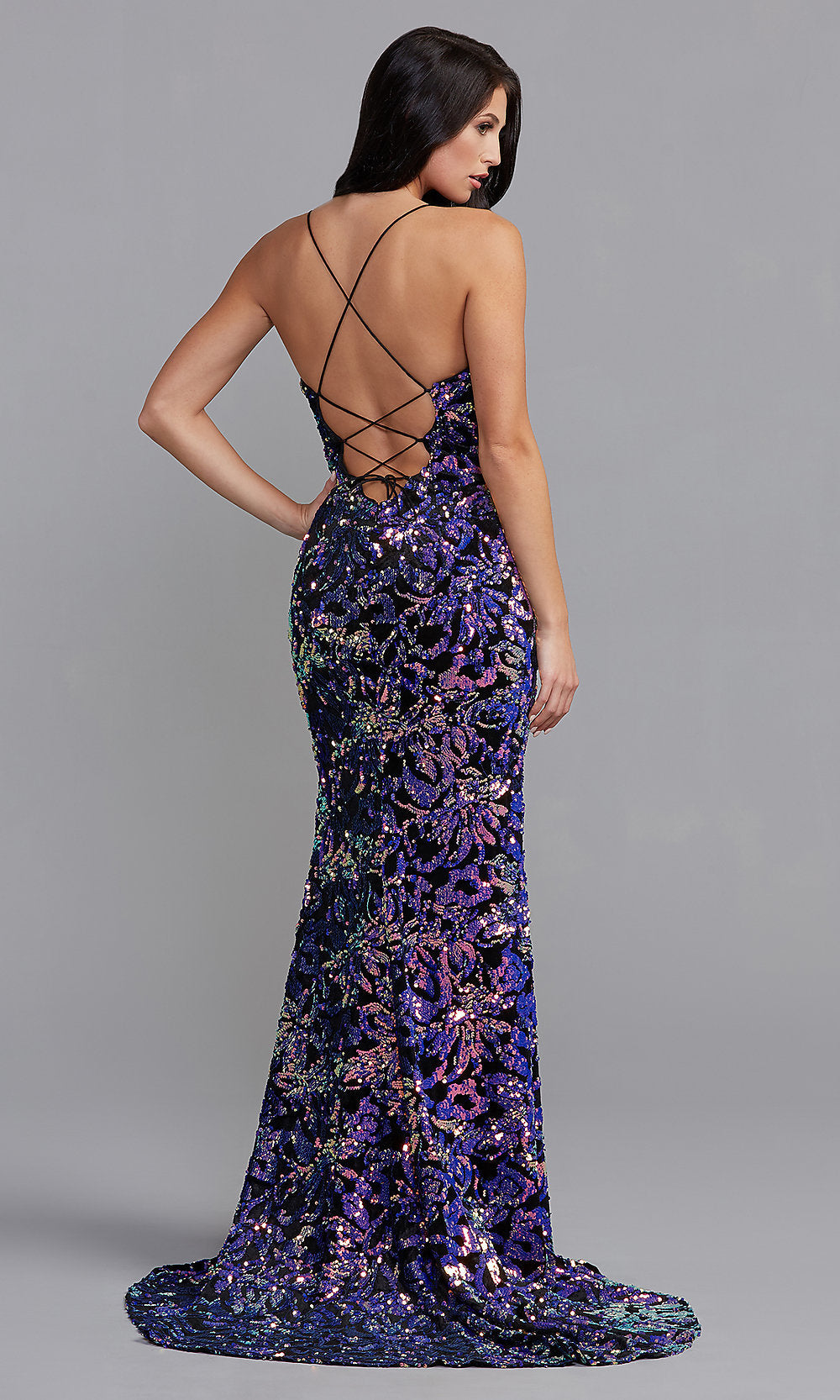 Sequin-Print Long Velvet Prom Dress by PromGirl