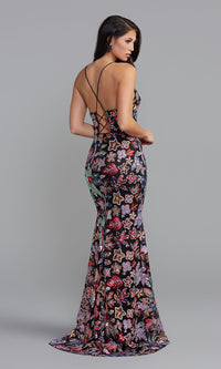 Sequin Floral-Print Long Prom Dress by PromGirl