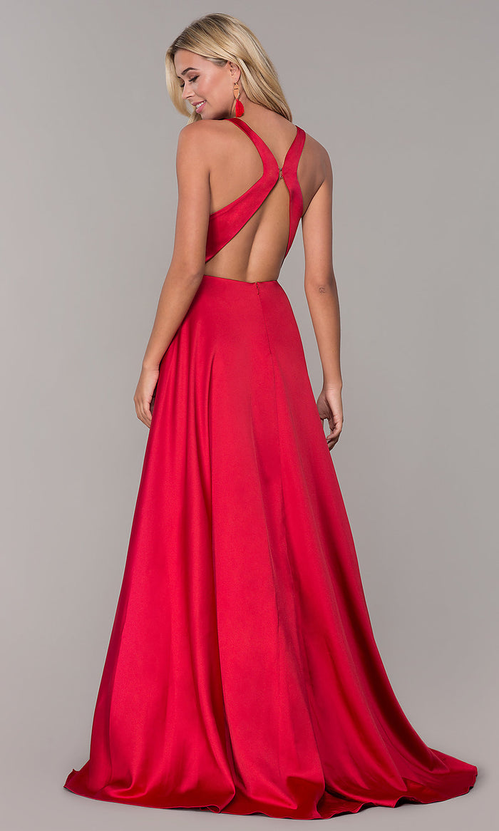 PromGirl Satin Long Red Prom Dress with Open Back