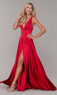 Long Red V-Neck Prom Dress with Side Slit