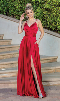 Dancing Queen-V-Neck Long A-Line Prom Dress with Pockets