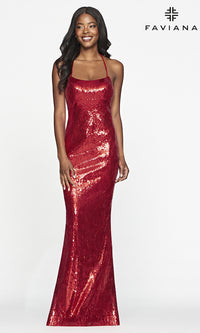 Red Sequin Long Prom Dress by Faviana