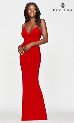 Faviana-Faviana Red Long Simple Strappy-Back Prom Dress