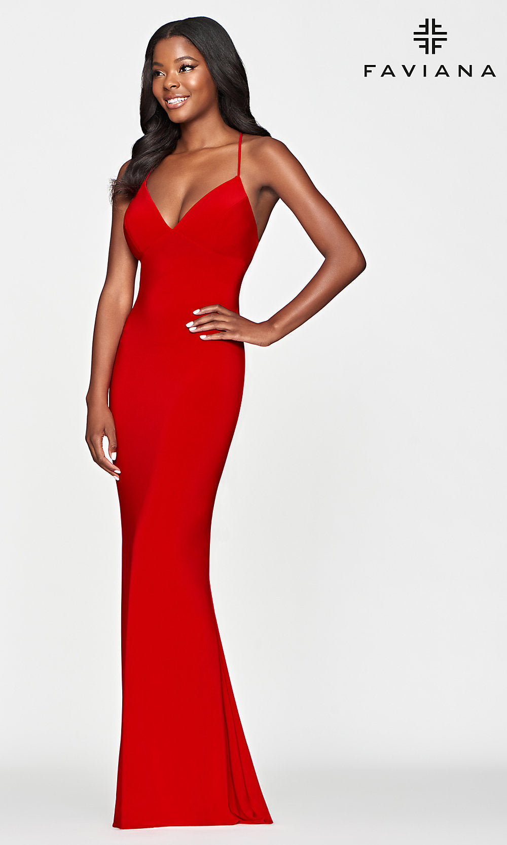 Faviana Red Long Simple Strappy-Back Prom Dress