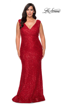 A woman wears the Empire-Waist Long Plus-Size Prom Dress by La Femme, a sleeveless, floor-length red sequin gown with a deep V-neckline from the Curve collection. She stands before a white background with the "La Femme" logo in the top right corner.
