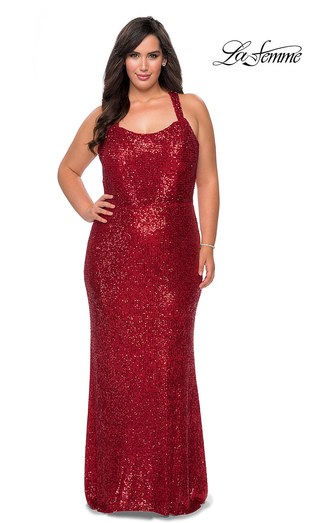 La Femme Plus Size Square-Neck Sequined Column Gown, Red, Women's, 24W, Plus Size Extended Sizes Plus Size Formal Evening Gowns
