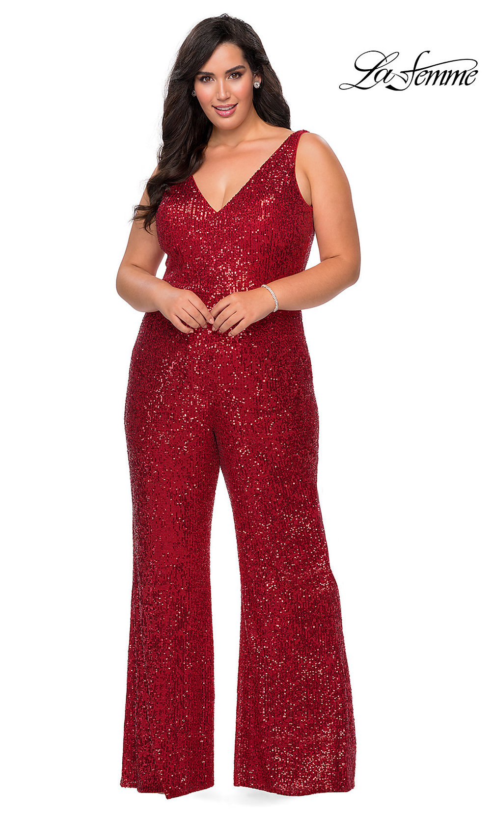 La Femme-La Femme Plus-Size Sequin Formal Jumpsuit for Prom