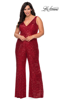 La Femme-La Femme Plus-Size Sequin Formal Jumpsuit for Prom