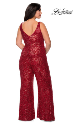 La Femme-La Femme Plus-Size Sequin Formal Jumpsuit for Prom