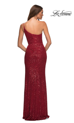 A woman faces away in the Long Sequin One-Shoulder Prom Dress by La Femme, shown in red with the La Femme logo in the top right corner.