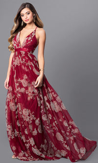 Luxxel Clothing-Floral-Print V-Neck Long Prom Dress with Empire Waist