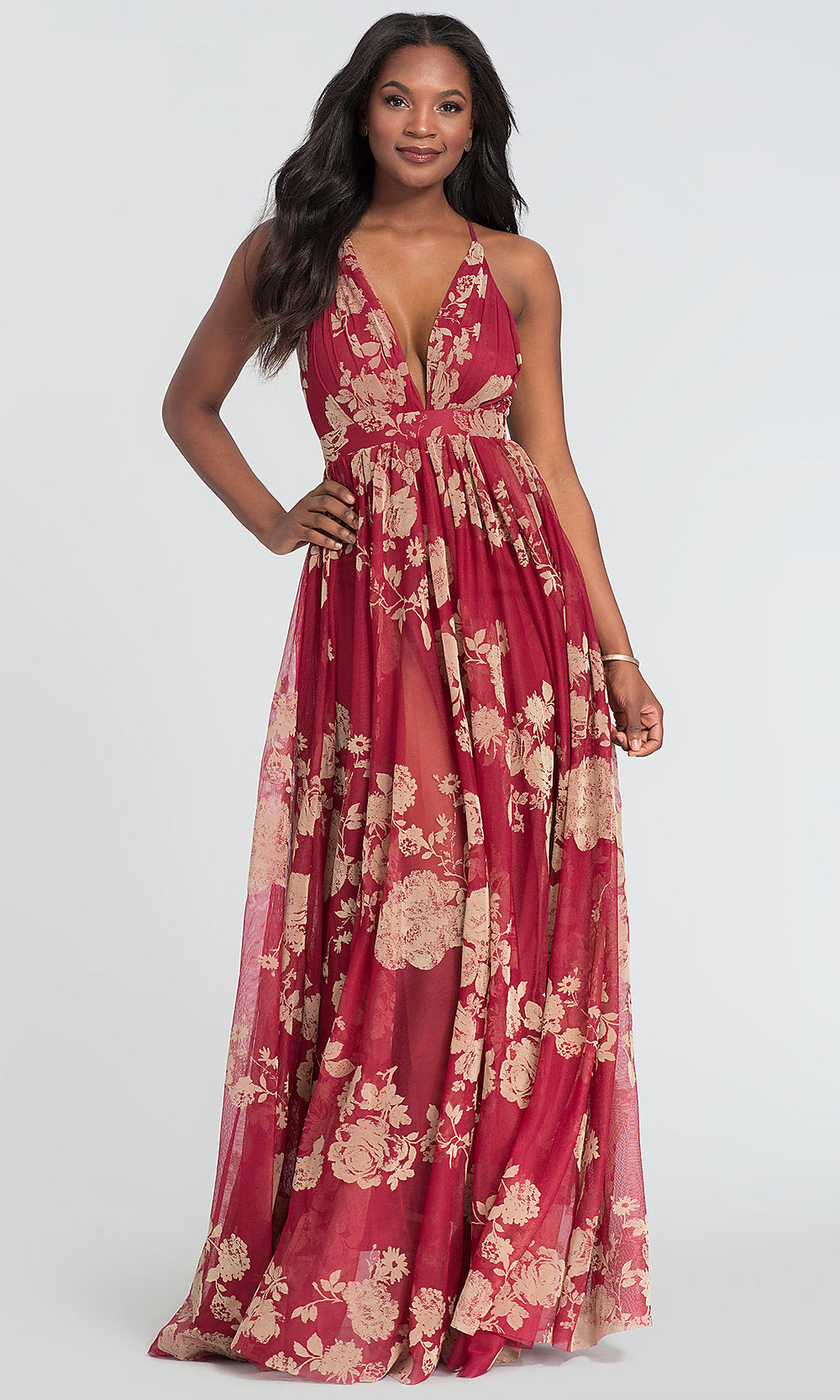 Luxxel Clothing-Floral-Print V-Neck Long Prom Dress with Empire Waist
