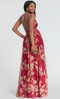 Luxxel Clothing-Floral-Print V-Neck Long Prom Dress with Empire Waist