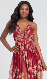 Luxxel Clothing-Floral-Print V-Neck Long Prom Dress with Empire Waist