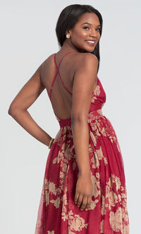 Luxxel Clothing-Floral-Print V-Neck Long Prom Dress with Empire Waist