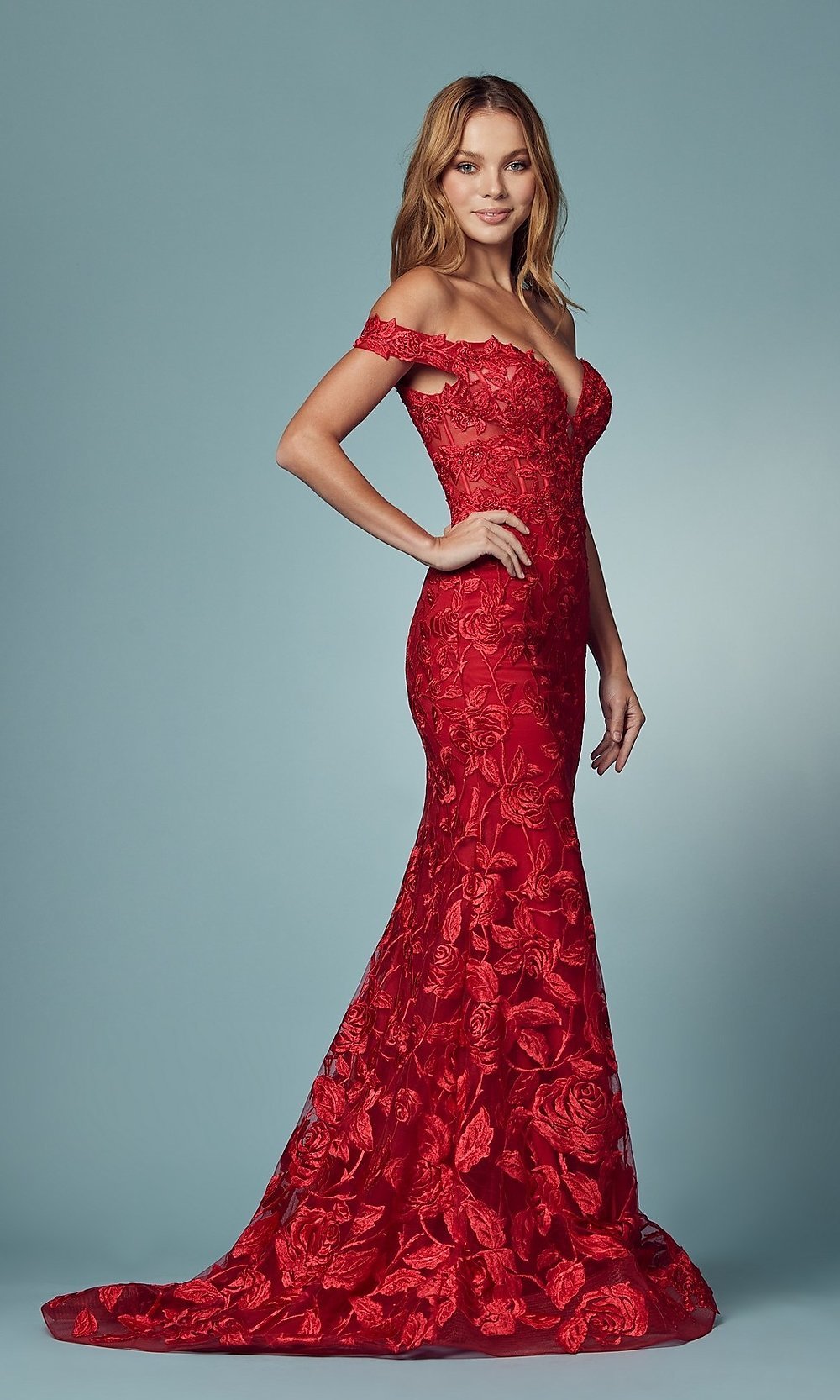 Narianna-Off-the-Shoulder Long Red Formal Prom Dress