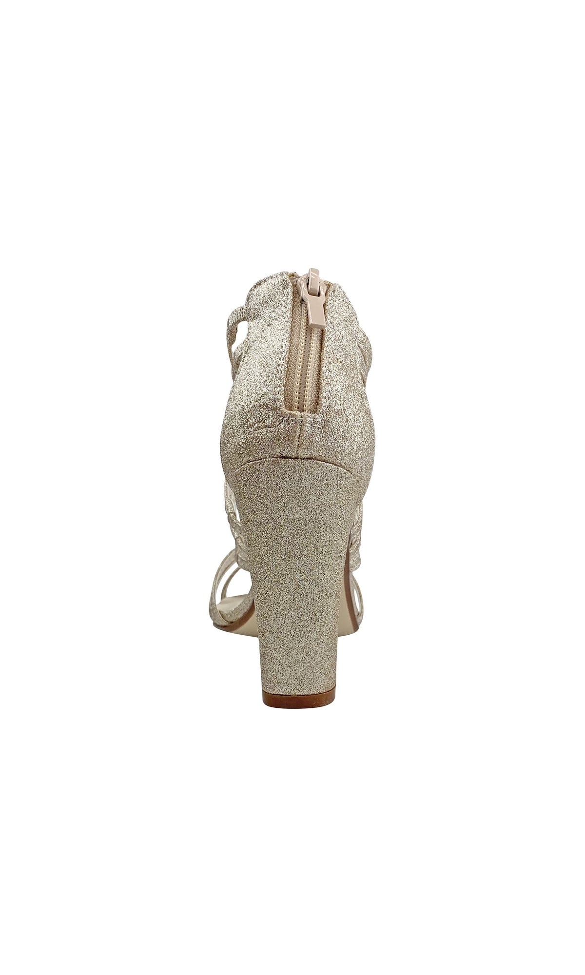 Rear view of the Champagne Rhyan High-Heeled Sandal 4424 in gold glitter, featuring a caged design, closed heel, central zipper, and a chic 3 1/4in high block heel.
