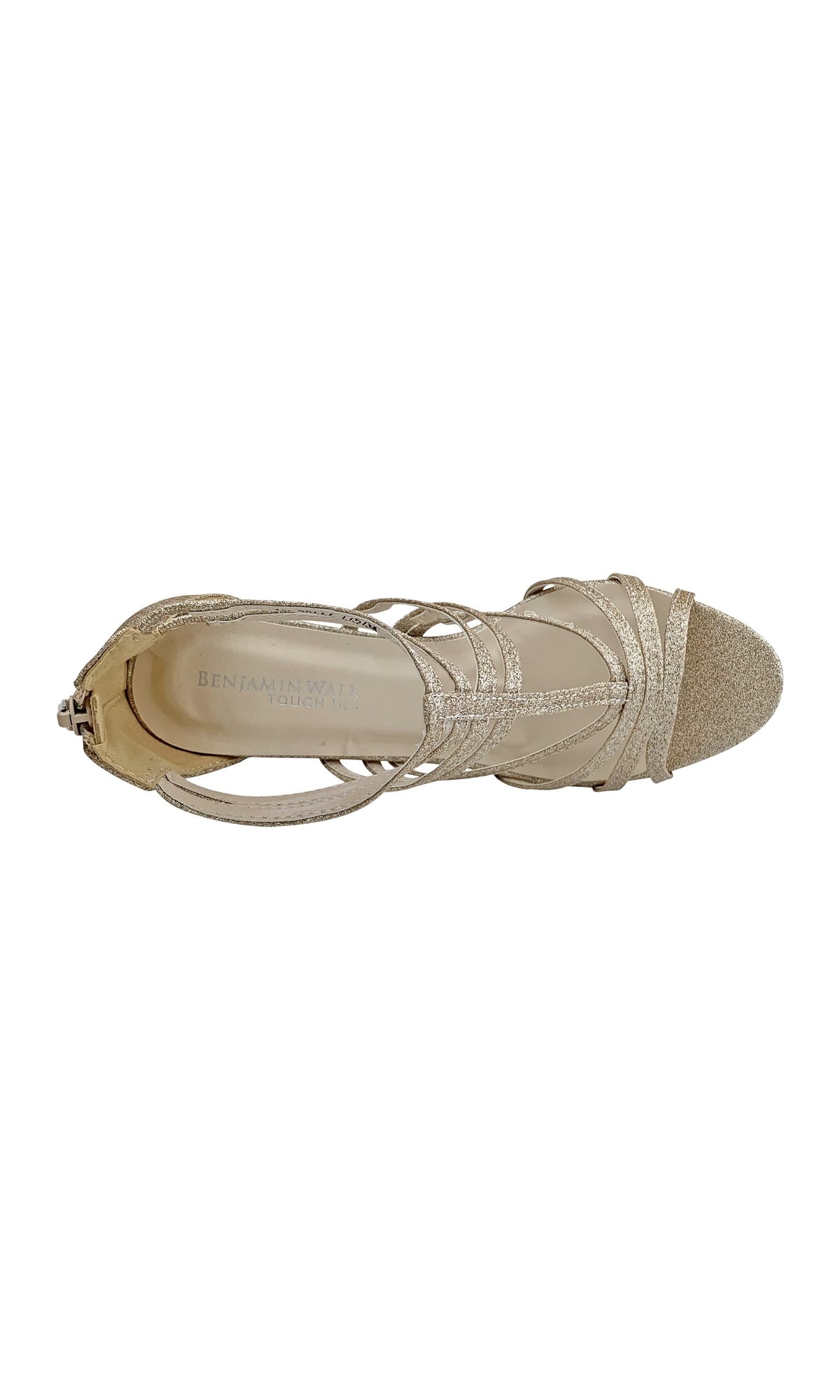 The Champagne Rhyan High-Heeled Sandal 4424 features a glittery toe, closed ankle strap buckle, and elegant 3 1/4in heel—shown here from the top view.