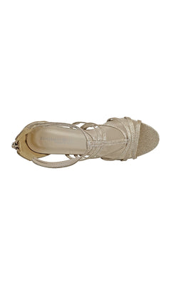 The Champagne Rhyan High-Heeled Sandal 4424 features a glittery toe, closed ankle strap buckle, and elegant 3 1/4in heel—shown here from the top view.