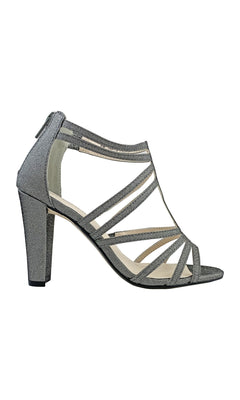 The Rhyan Pewter Silver Sandal with a High Block Heel 4426 features multiple crisscross straps, an open toe, and a back zipper closure, shown on a white background.