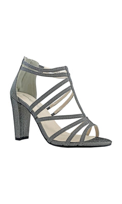 The Rhyan Pewter Silver Sandal with a High Block Heel 4426 features multiple thin straps, an open toe, and a stylish block heel, shown on a white background.