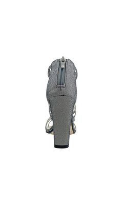 Rear view of the Rhyan Pewter Silver Sandal with a high block heel 4426, featuring a back zipper and pewter silver finish, displayed on a plain white background.