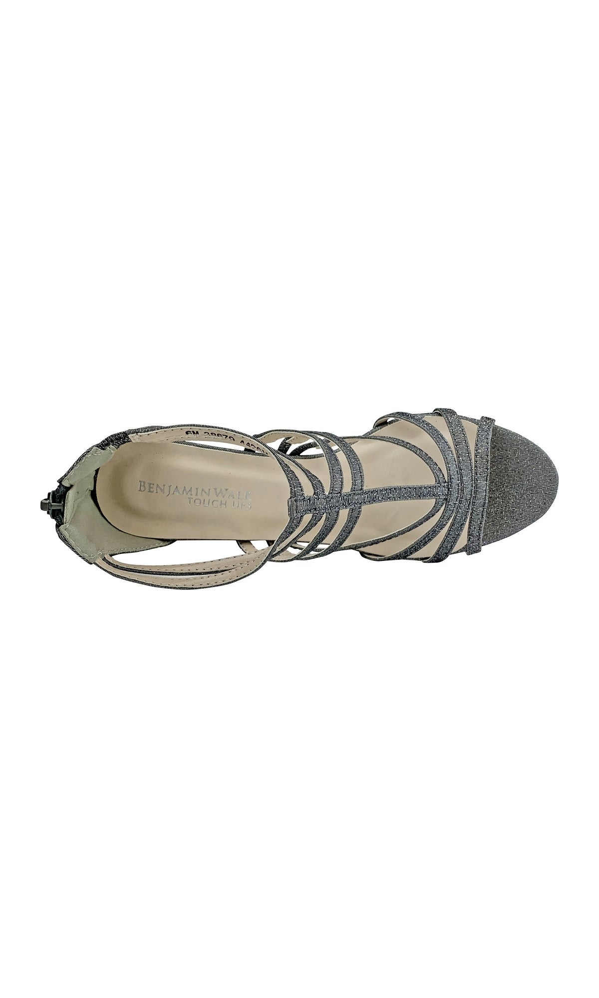 Top view of the Rhyan Pewter Silver Sandal with a high block heel and glittery silver straps, featuring the Benjamin Walk Touch Ups brand on the insole. This standout sandal is perfect for any special occasion.