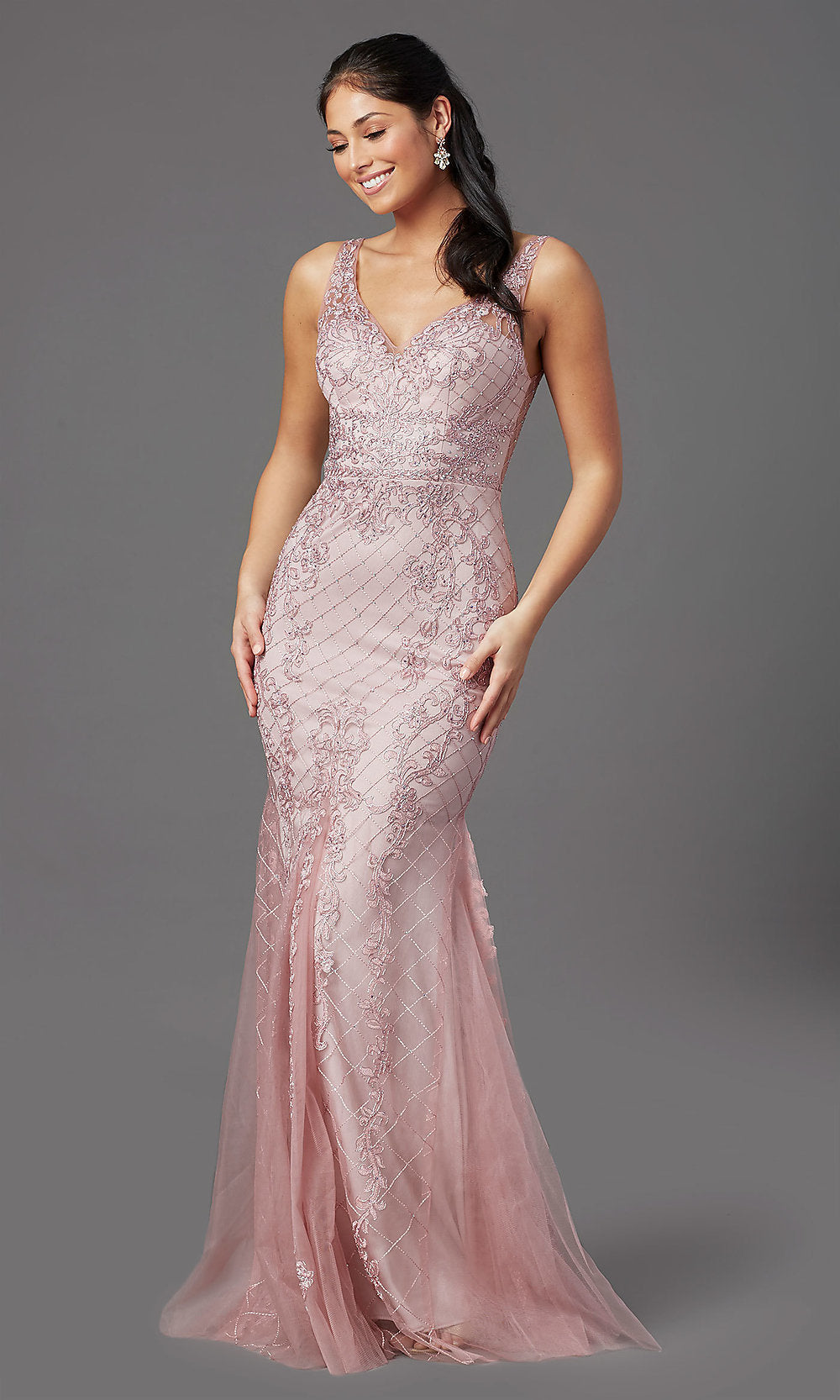 Narianna-Embroidered-Tulle Long Prom Dress with Deep V-Back