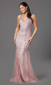 Embroidered-Tulle Long Prom Dress with Deep V-Back