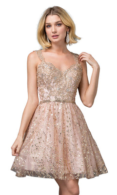 Short Glitter Corset-Back Homecoming Dress - PromGirl Rose Gold / Medium Short Glitter Corset-Back Homecoming Dress - PromGirl Rose Gold / Medium