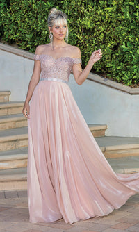 Dancing Queen-Sheer Embroidered-Bodice metallic long prom dress.
