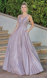 Dancing Queen-Corset-Back Metallic Long Prom Dress with Pockets