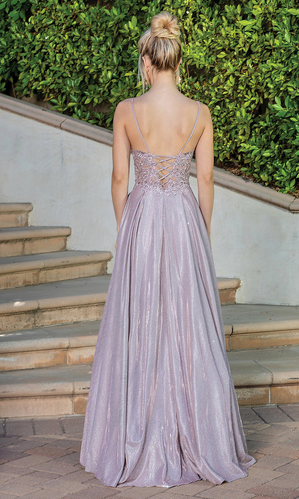 Corset-Back Metallic Long Prom Dress with Pockets