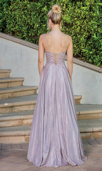 Dancing Queen-Corset-Back Metallic Long Prom Dress with Pockets