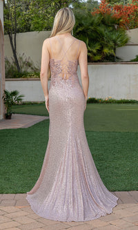 Sheer-Corset-Back Fitted Long Sequin Prom Dress