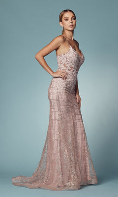 Beaded-Bodice Long Glitter Corset Prom Dress -PromGirl