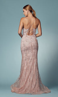 Beaded-Bodice Long Glitter Prom Dress with Corset