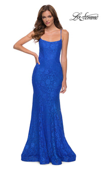 La Femme-Corset-Back Floral-Lace Long La Femme Prom Dress