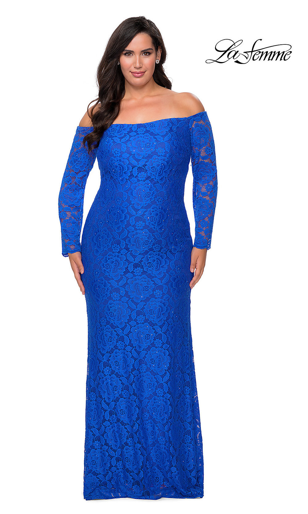 La Femme-Plus-Size Long Sleeve Lace La Femme Prom Dress