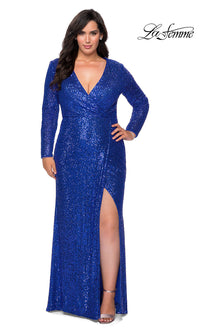 La Femme-Sequin Plus-Size Long Sleeve La Femme Prom Dress