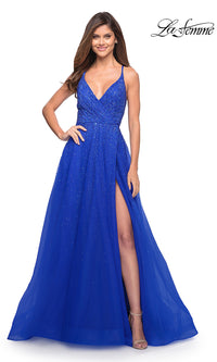 La Femme-La Femme Beaded Long Prom Dress in Mauve Pink