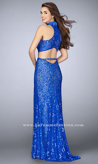 La Femme-Long Lace High Collar Two Piece Prom Dress